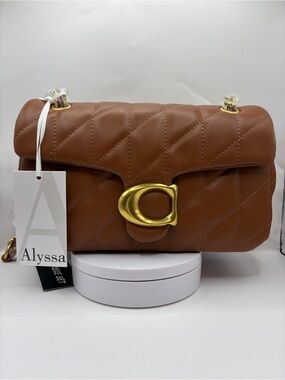 Alyssa Quilted Vegan Leather Shoulder Bag in Cognac with Gold Hardware